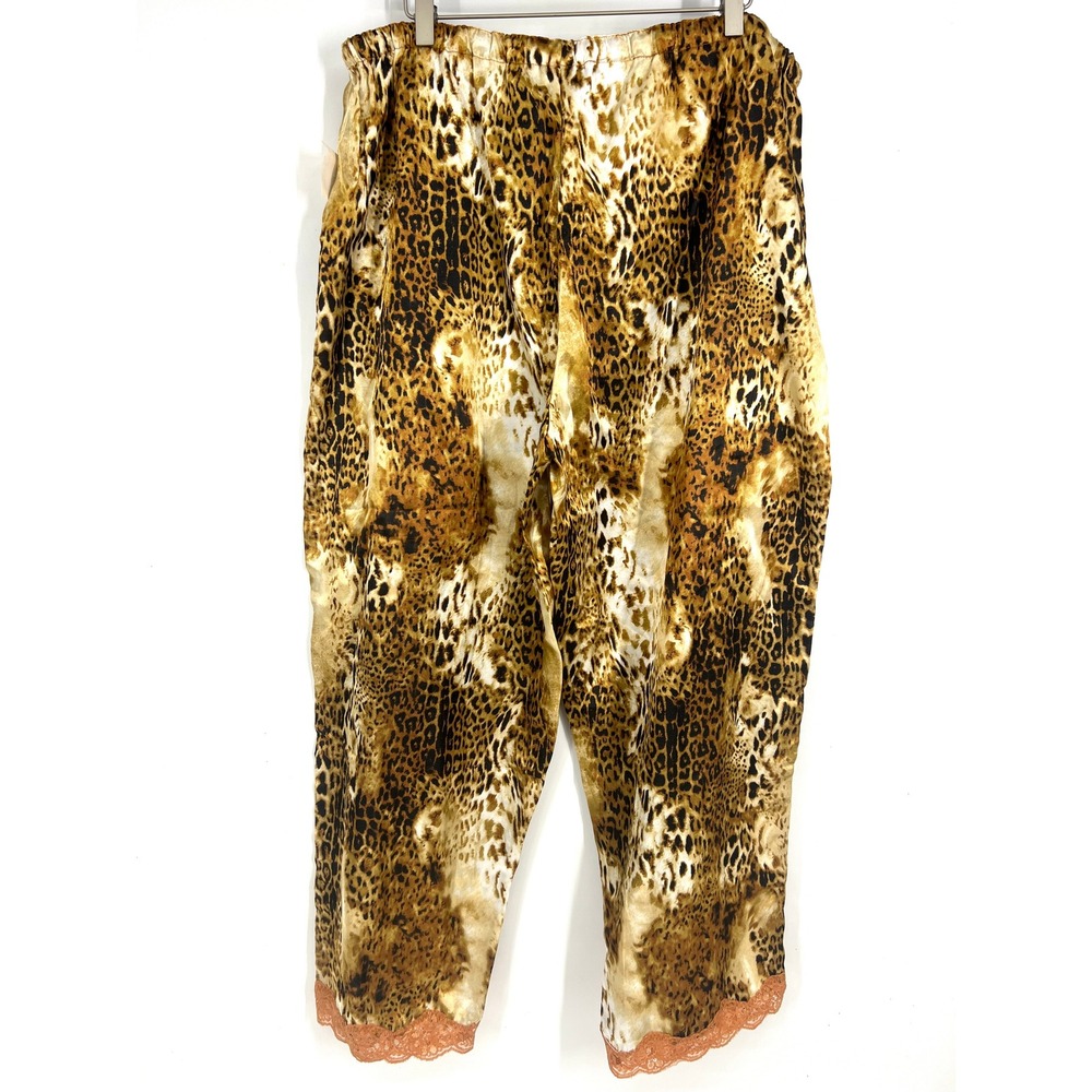 Robert Louis Leopard Print Lace Trim Satin Pajama Pants Womens 1X PJ52669P-X